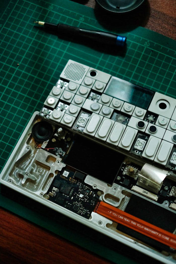 Top-down view of a partially disassembled circuit board with a screwdriver on a desk.